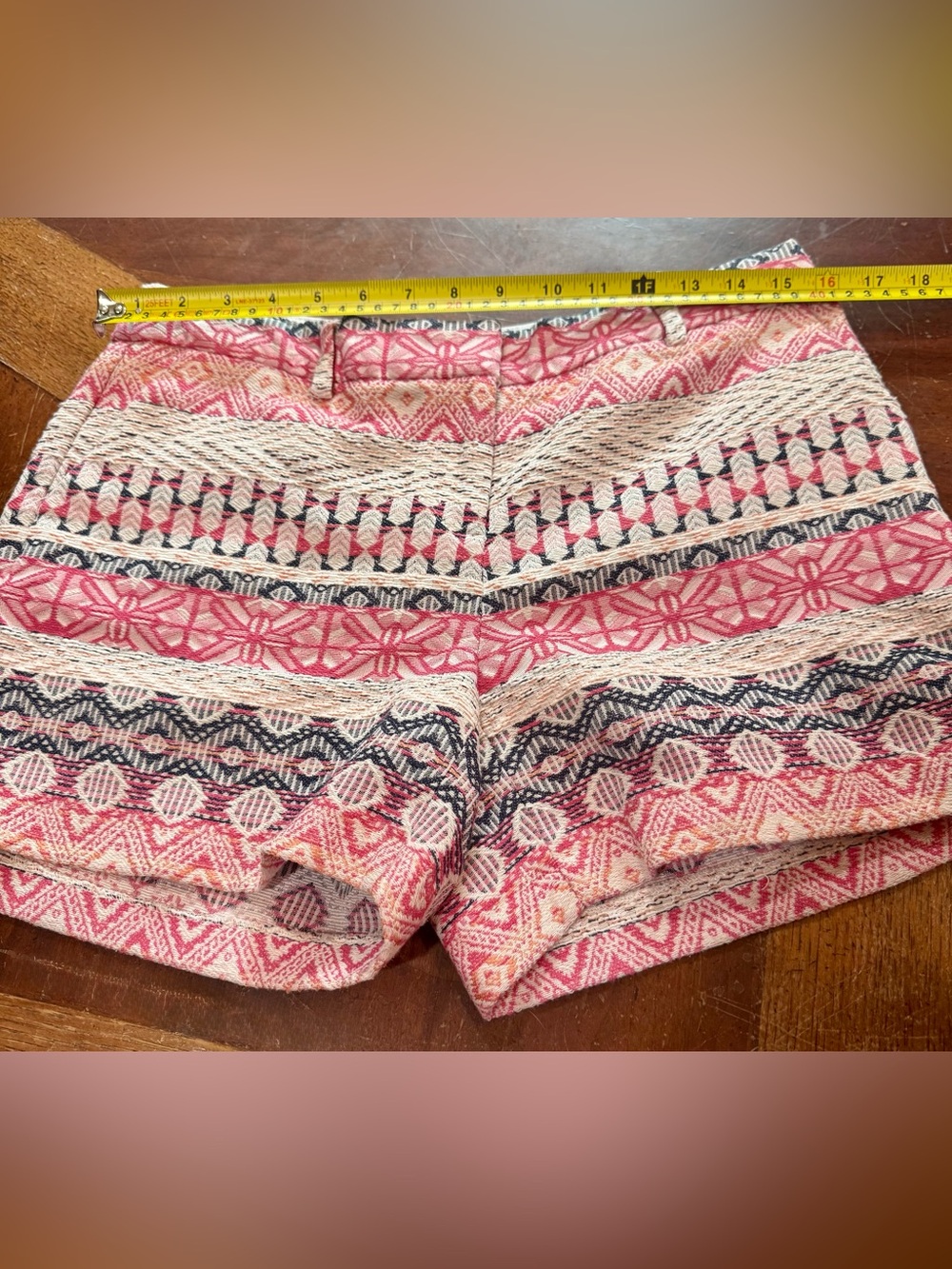 Boho Paisley High-Waist Shorts | Pink & Cream Printed Linen-Blend Bottoms | Sz 8 - Picture 13 of 15